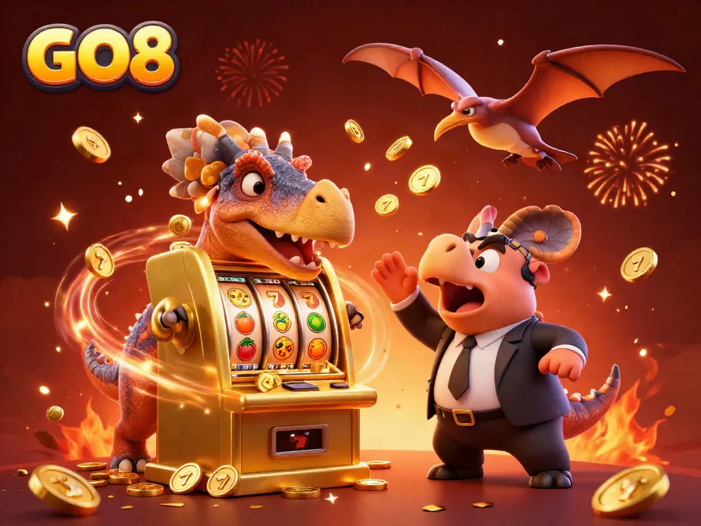 GO8 jackpot celebration with cartoon dinosaurs and a golden slot machine.