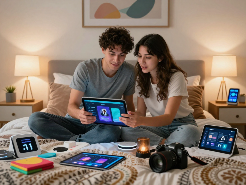 Young couple engaging with AI technology for relationships in a modern bedroom setting