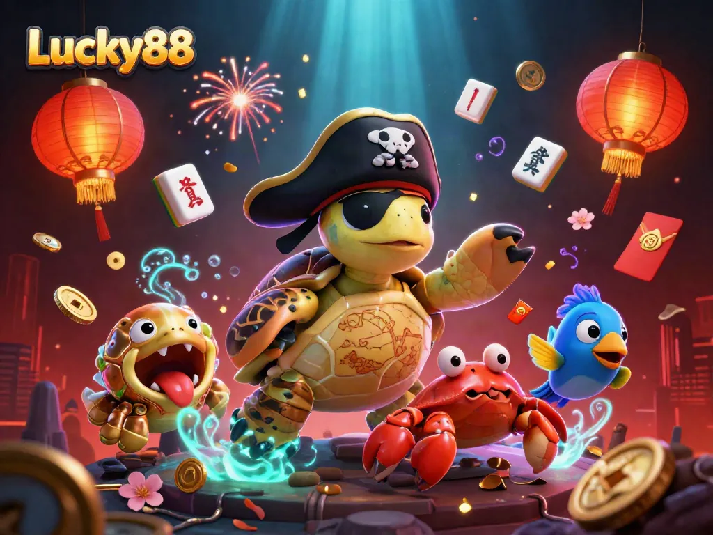 Spin the reels of luck with Lucky88's charming characters amidst vibrant casino elements.