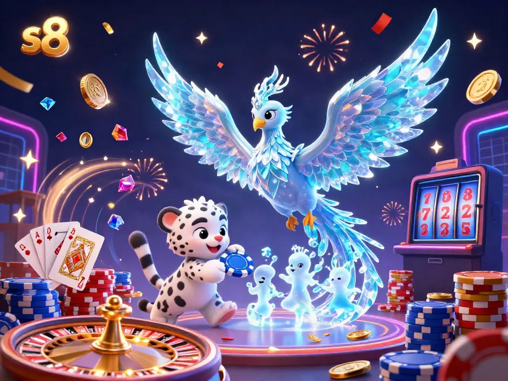 Experience the excitement of s8 gaming with a vibrant 3D illustration showcasing an ice phoenix and casino action.