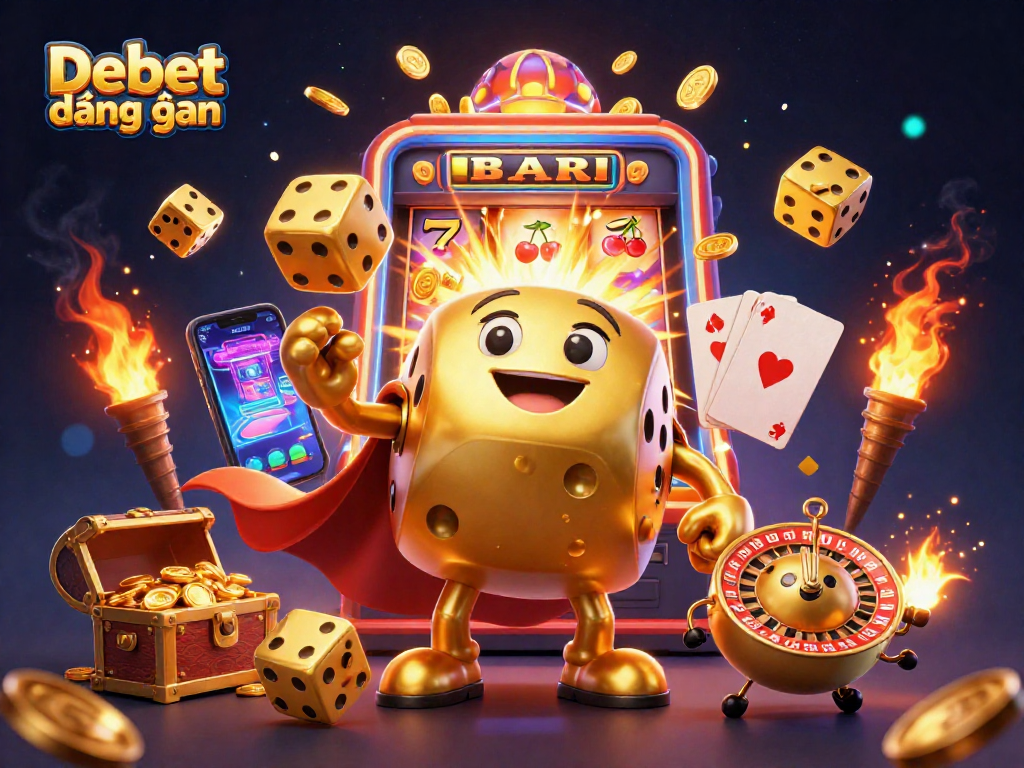 Enjoy thrilling casino action with Debet đăng nhập at a vibrant 3D gaming scene featuring golden dice and slot machines.