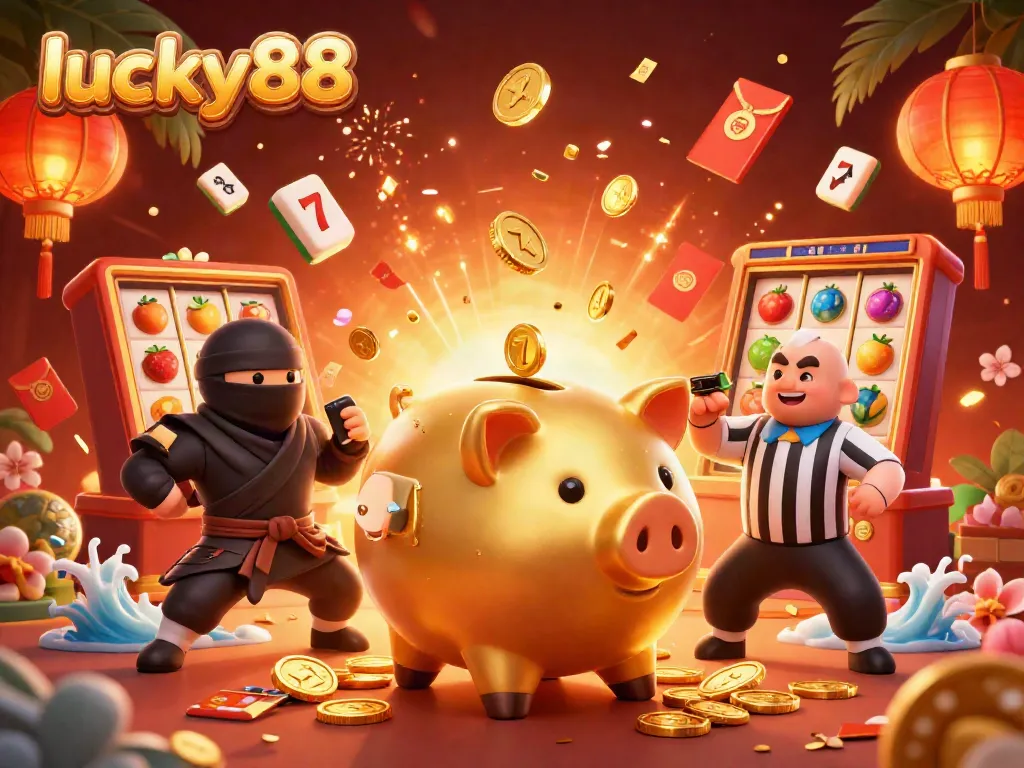 Experience thrilling gambling action with lucky88 at a dynamic casino scene, showcasing colorful slot elements and vibrant characters.