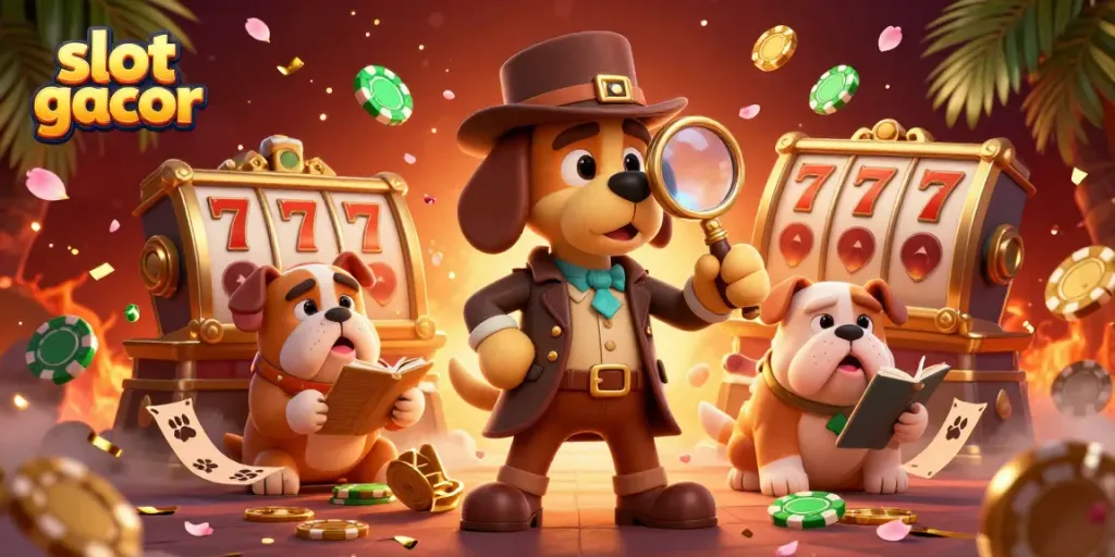 Experience slot gacor excitement with a 3D detective inspecting a jackpot clue while gambling elements surround.