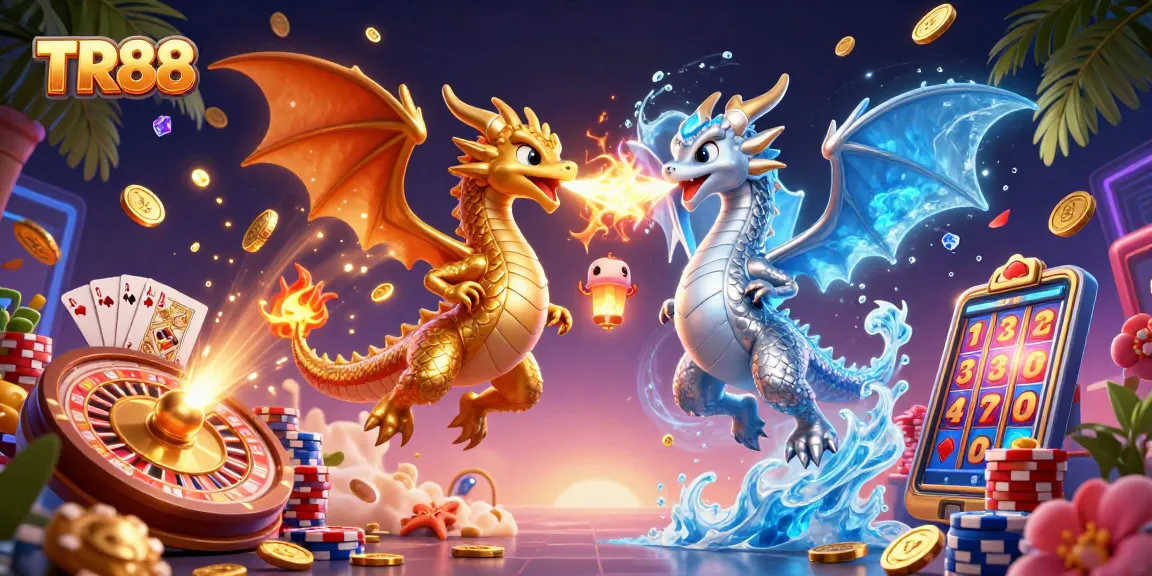 Engage in thrilling action with TR88 as dragons battle amid casino elements and festive riches
