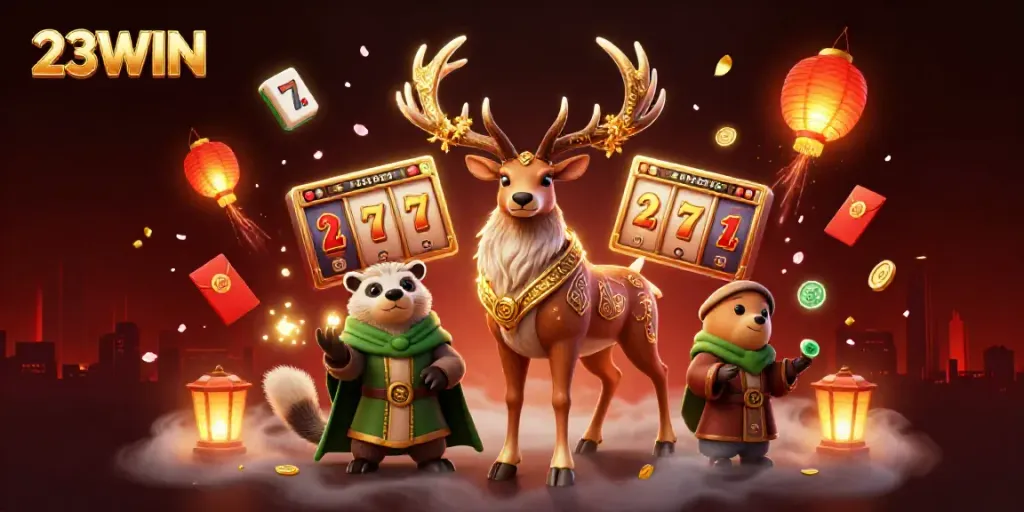 Experience exciting online gaming with 23WIN in a colorful, animated casino scene.