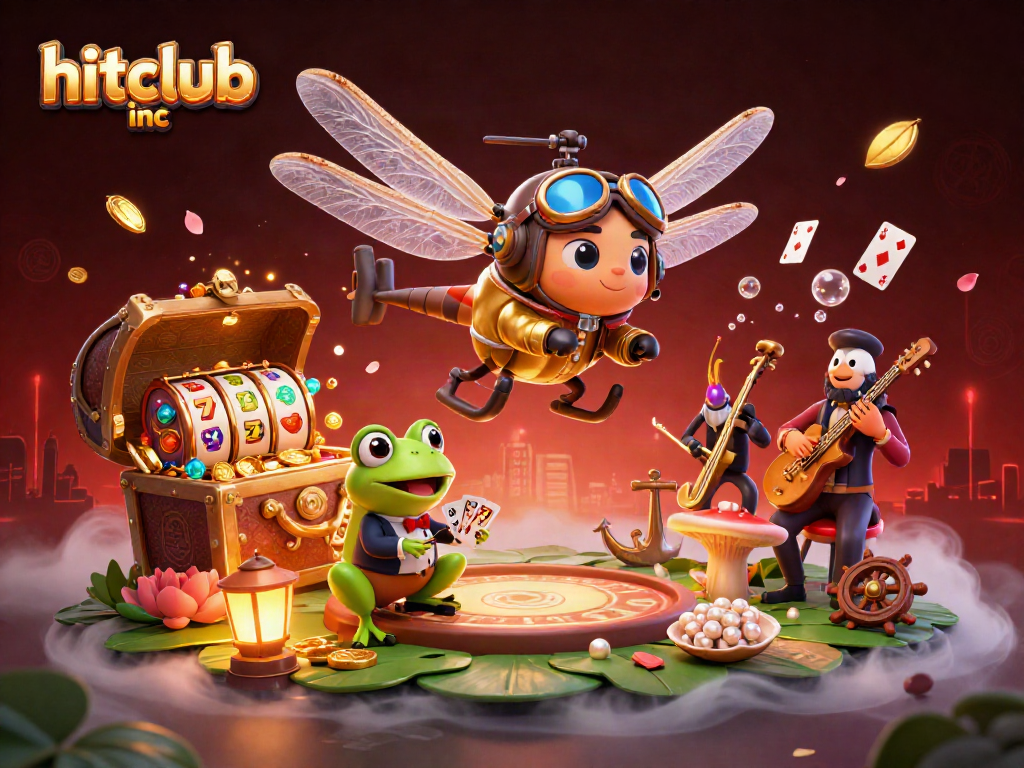 Experience hitclub inc at a vibrant lily pad casino featuring a dragonfly pilot and frog dealer.