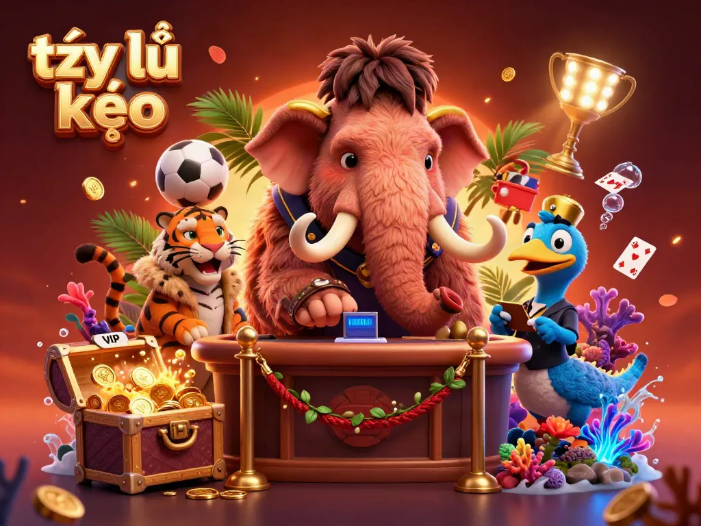 Bet on tỷ lệ kèo with a betting scene showing a mammoth bouncer and a dodo doorman in a vibrant casino