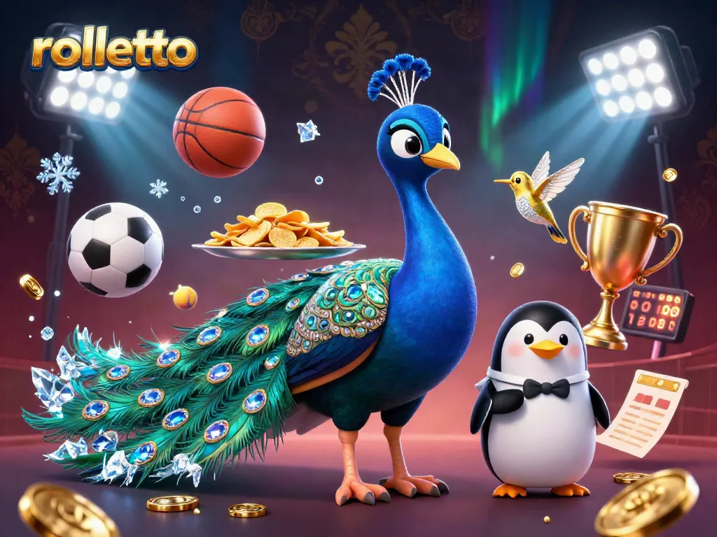 Spin to win at rolletto Casino with golden chips, vibrant sports elements, and lively characters.