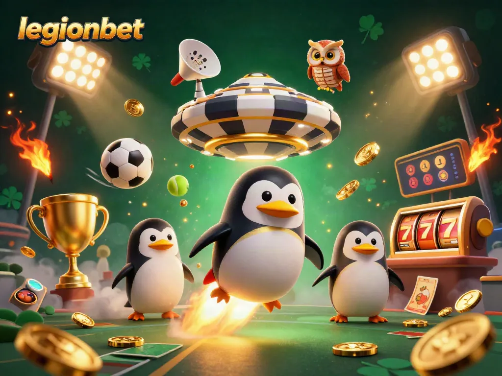 Experience thrilling wins at legionbet with a golden penguin soaring past casino stations and vibrant sports elements.