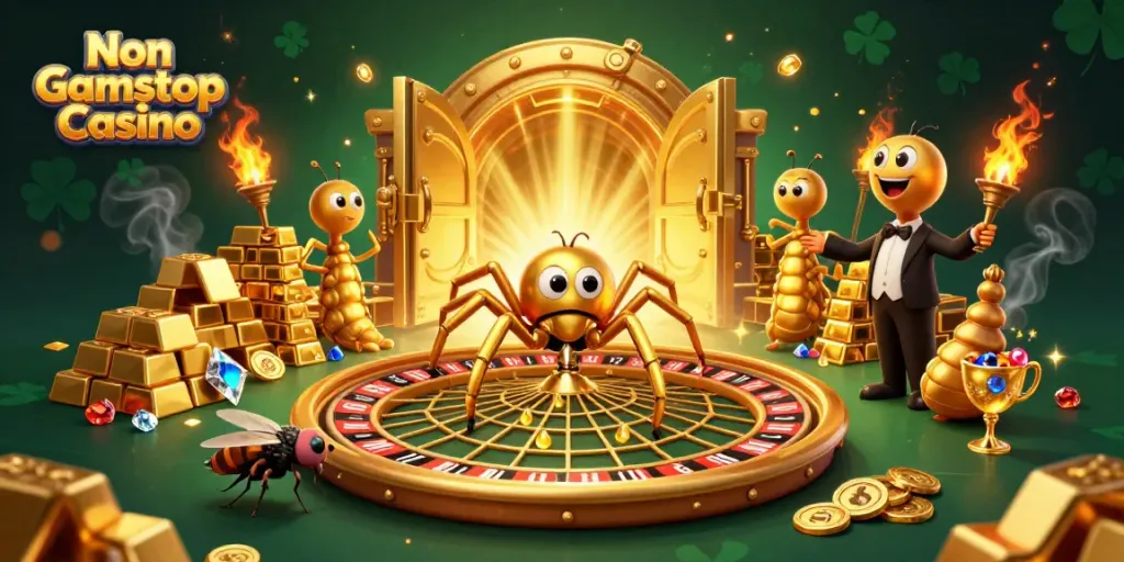 Experience excitement at a Non Gamstop Casino with a thrilling roulette scene featuring animated characters and stunning treasures.