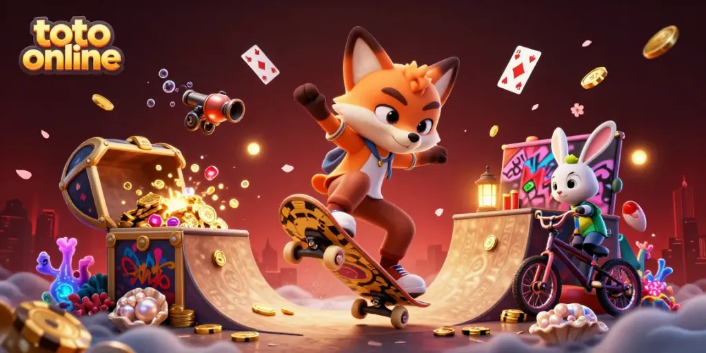 Engaging 3D gaming scene with a skateboarder fox and BMX rabbit showcasing thrilling tricks while celebrating toto online.