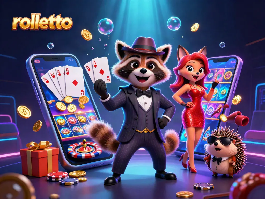 Engage with rolletto's vibrant casino scene featuring a raccoon, fox, and hedgehog among colorful gaming elements.