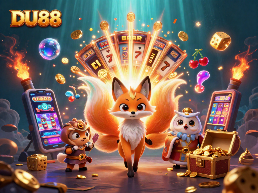 Engage with DU88's vibrant 3D casino scene featuring a magical nine-tailed fox and a wise owl.