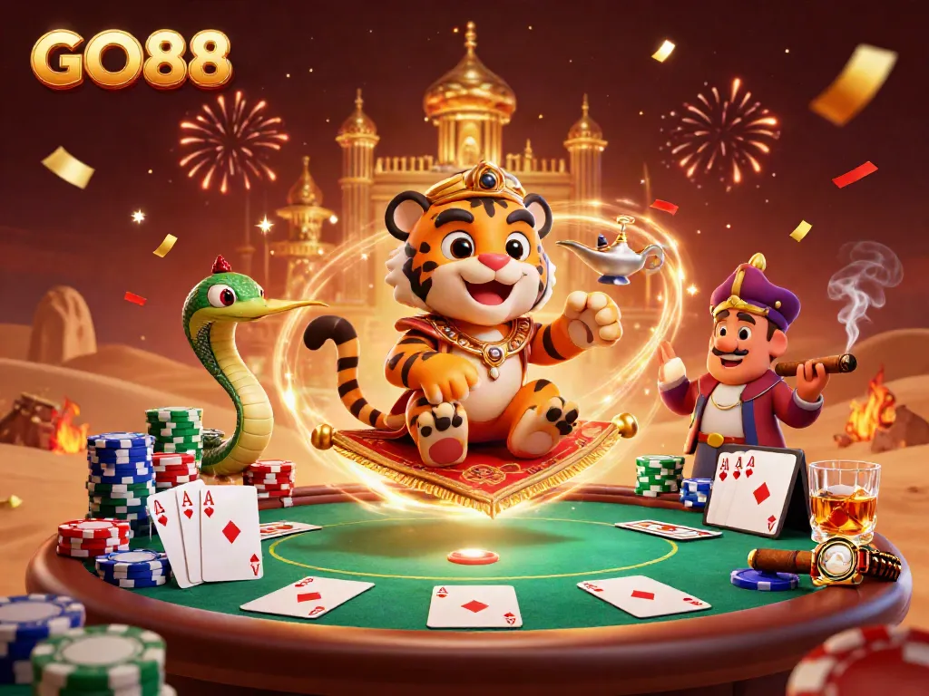 Engage with GO88's vast casino adventures via a dynamic illustration showcasing action-packed characters and vibrant casino elements.