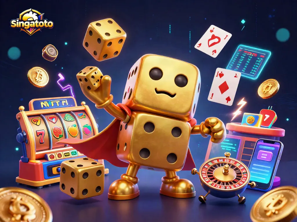 Engage with singatoto's vibrant online casino experience featuring a golden dice golem and slot elements.
