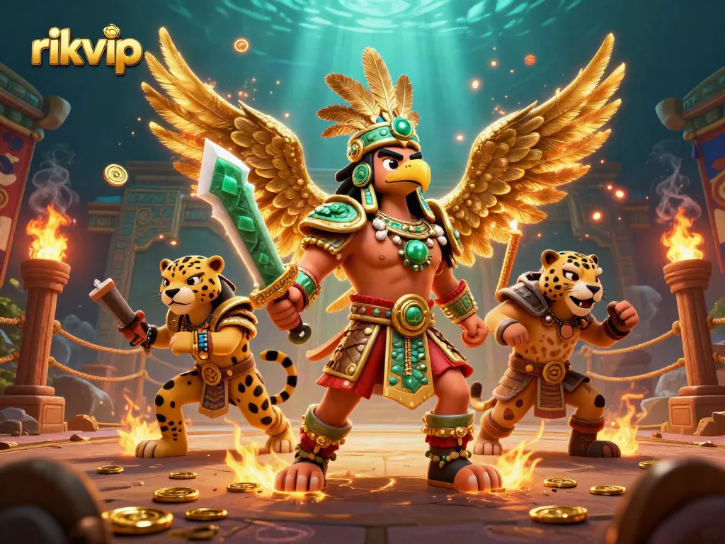 Experience excitement at rikvip with Aztec warriors in a vivid, dynamic casino scene.