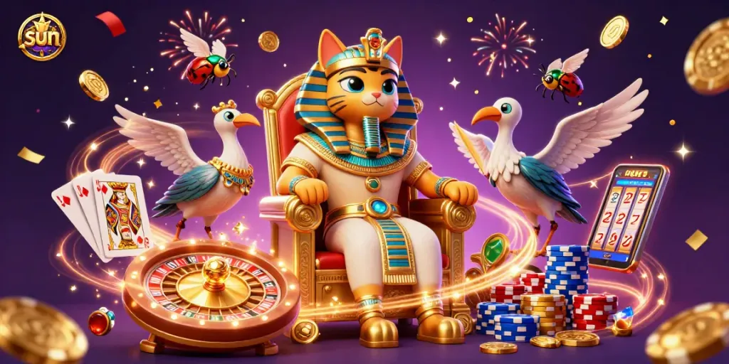 Engage in thrilling gaming at Sun with vibrant 3D casino elements, including royal characters and dynamic action.