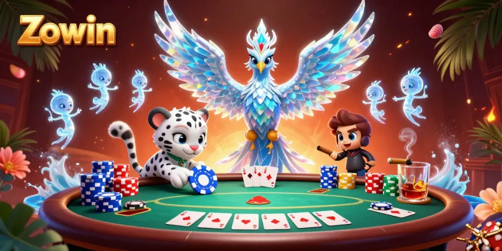 Zowin offers high-stakes fun with an ice phoenix and poker elements in a vibrant casino setting.