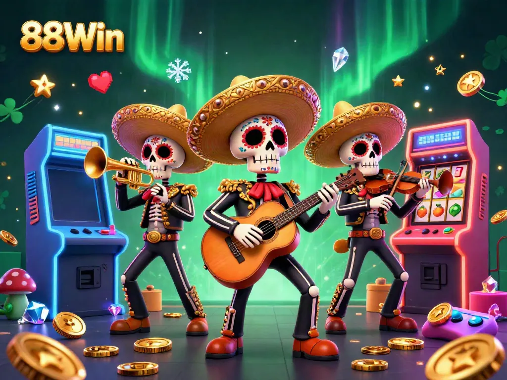 Experience the excitement of gaming at 88Win with a vibrant illustration showing a mariachi band surrounded by colorful slot machines and casino elements.