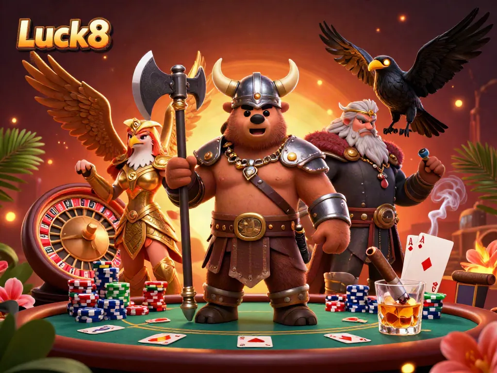 Experience dynamic gambling action at Luck8 with a thrilling Viking bear and Valkyrie in a casino environment.