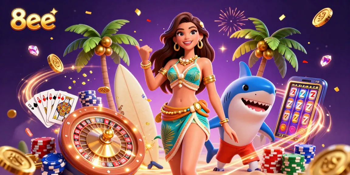 Experience the excitement of 8eee with stunning visuals of casino games and vibrant characters.