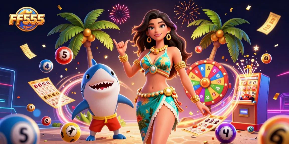 Win big at FF555 with lively lottery balls, bingo cards, and a beach goddess vibe.