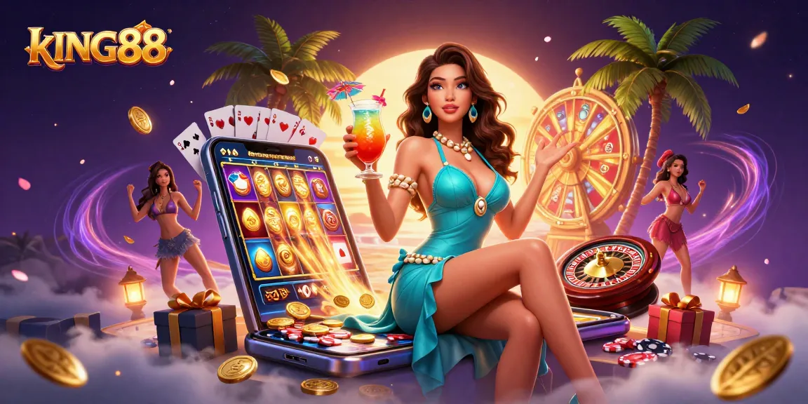 Hit the jackpot at kING88 with a glamorous casino scene featuring colorful slot games and luxurious vibes.