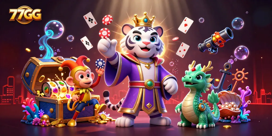 Experience excitement with 77GG's elegant tiger and vibrant monkey in a rich casino scene.