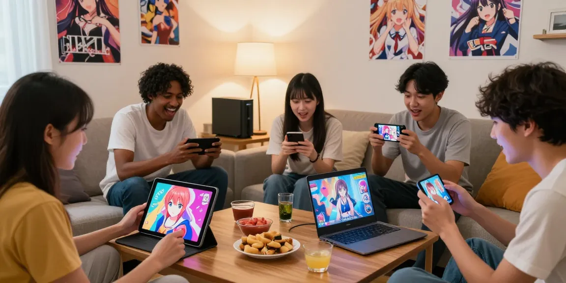 Friends enjoying a hentai game online in a cozy gaming environment with diverse devices and snacks.