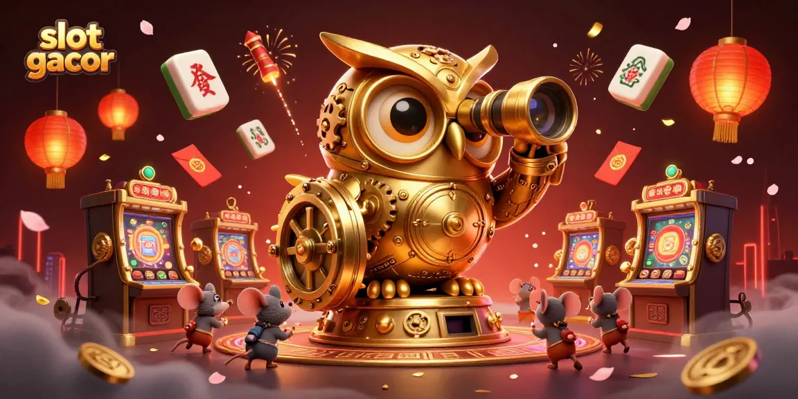 Engage in slot gacor action with an illustrated owl mascot scanning a vibrant casino scene.