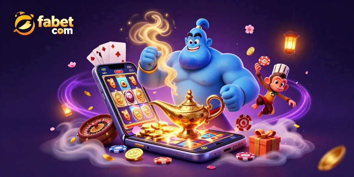 Engage in thrilling gameplay with fabet com, featuring a 3D genie, poker chips, and vibrant slots.