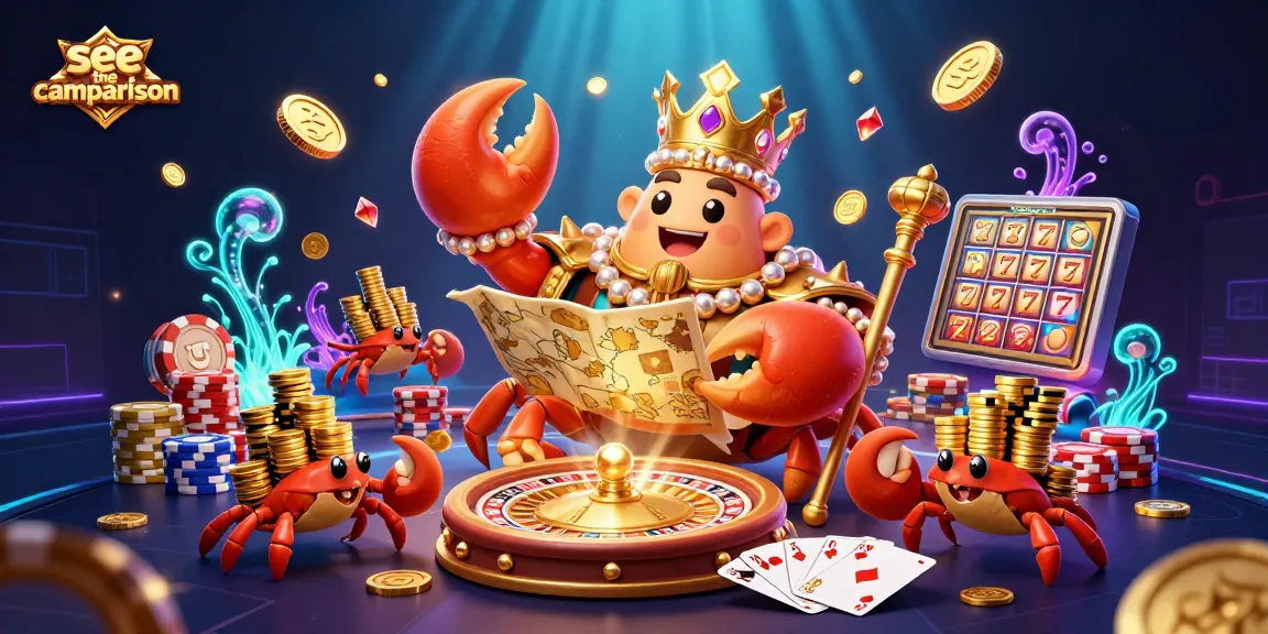 See the comparison of exciting casino elements with a golden crab emperor in a vibrant setting.