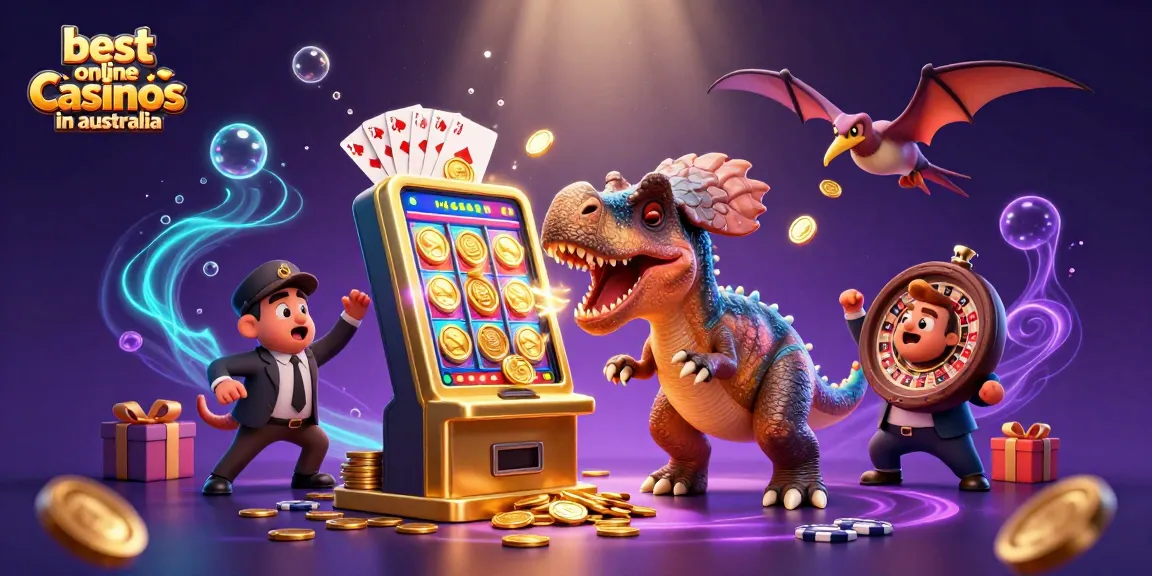 Best online casinos in Australia showcased by a pachycephalosaurus jackpot, vibrant casino elements.
