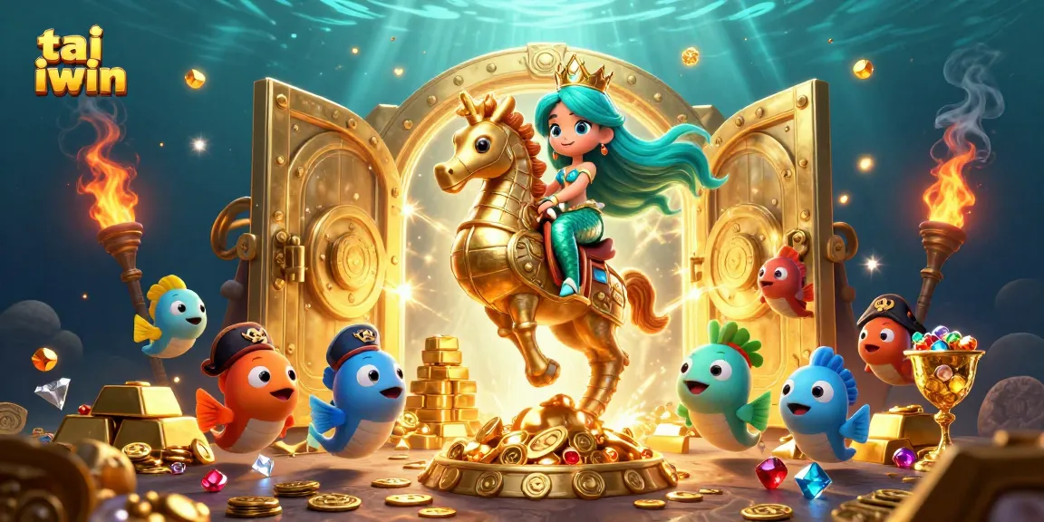 Engage with the excitement of tai iwin in a vibrant underwater casino scene featuring mermaid princess and treasures.