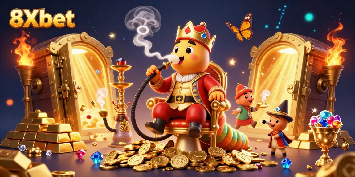 Experience thrilling action with 8Xbet as the caterpillar master creates poker symbols from smoke, surrounded by golden treasures.
