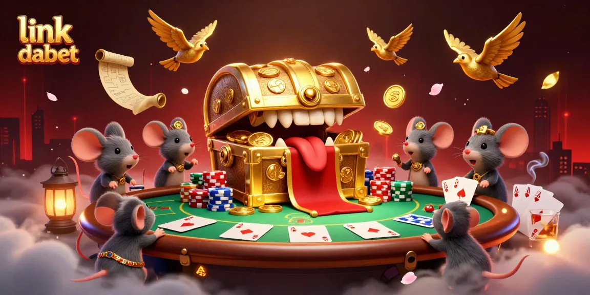 Engage with exciting games in link dabet's vibrant casino illustration featuring poker elements and treasure chests.