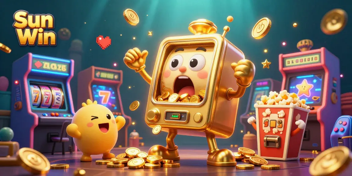 Sun Win slot machine hits jackpot with coins pouring out amidst colorful arcade games.