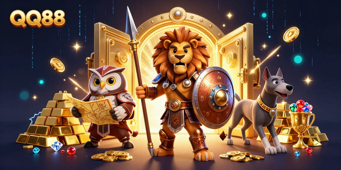 Spin the reels at QQ88's jackpot slots surrounded by treasures and iconic characters.