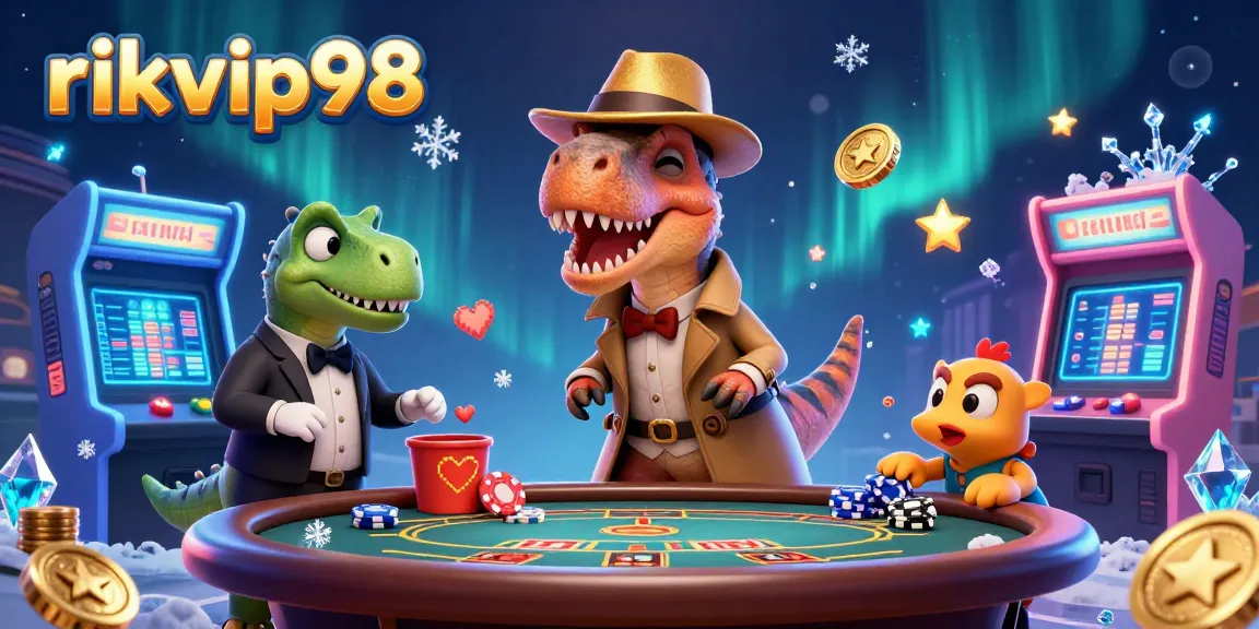Experience thrilling gaming action with rikvip98, as a velociraptor card counter strategizes at a vibrant blackjack table.