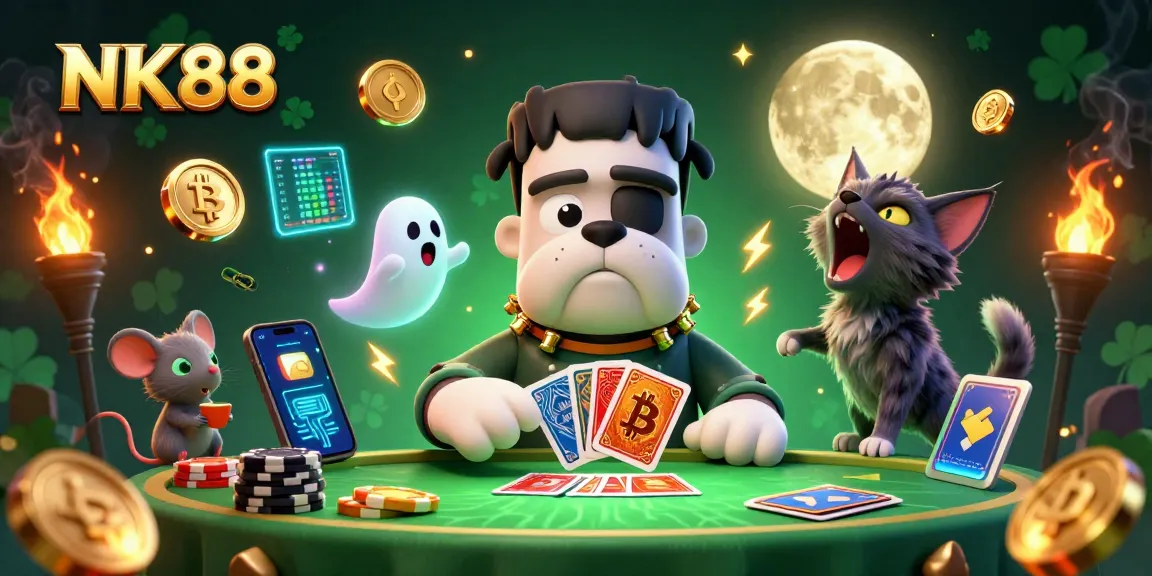 Experience NK88's thrilling casino atmosphere with a 3D cartoon character dealing cards and vibrant crypto elements.
