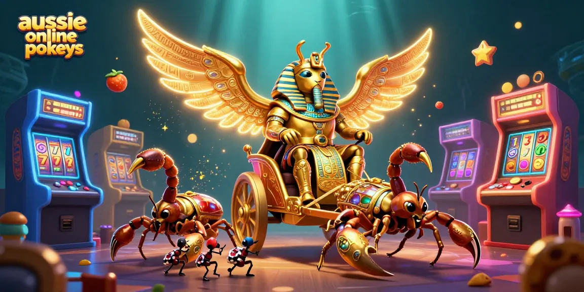 Aussie online pokies scene with a colossal golden scarab and scorpions among vibrant casino elements