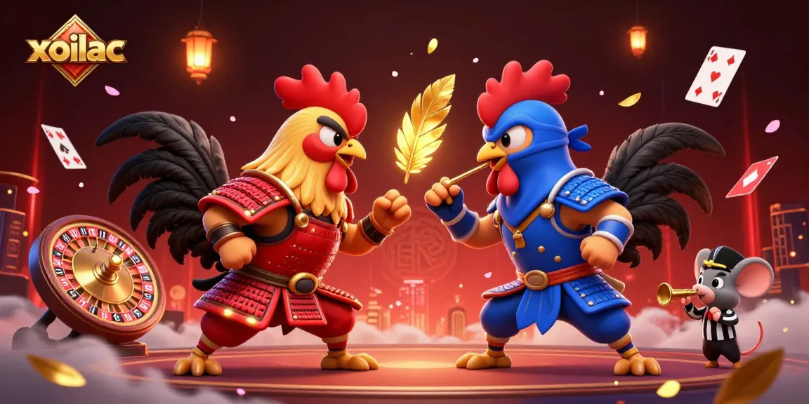 Experience the excitement of xoilac with a fierce rooster battle amid floating casino elements.