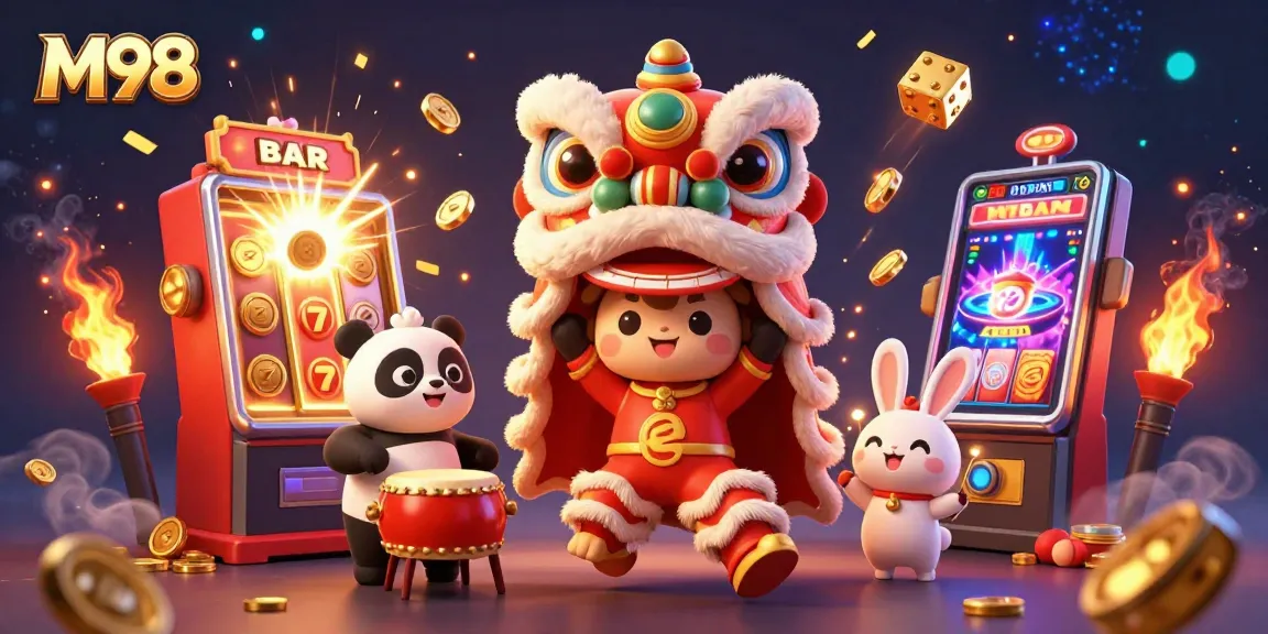M98 captivates players with its festive casino scene filled with vibrant characters and jackpots bursting with excitement.