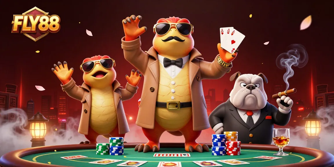 FLY88 hosts a playful 3D casino scene featuring raptors in disguise attempting to enter a VIP area.
