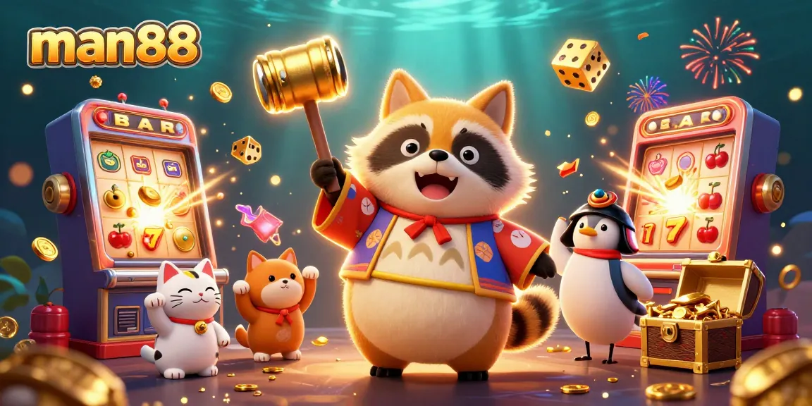 man88 showcases cheerful tanuki and crane amid a vibrant casino scene filled with jackpot excitement.