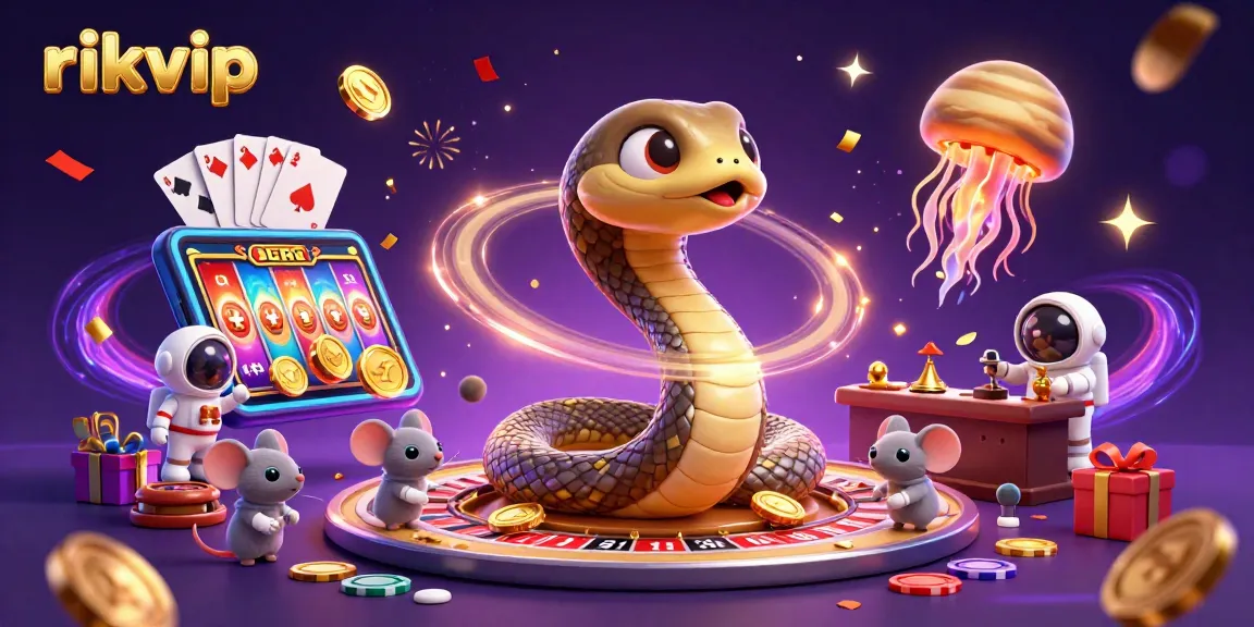 Experience thrilling wins at rikvip with a coiled snake roulette wheel and playful betting mice in a vibrant cosmic casino
