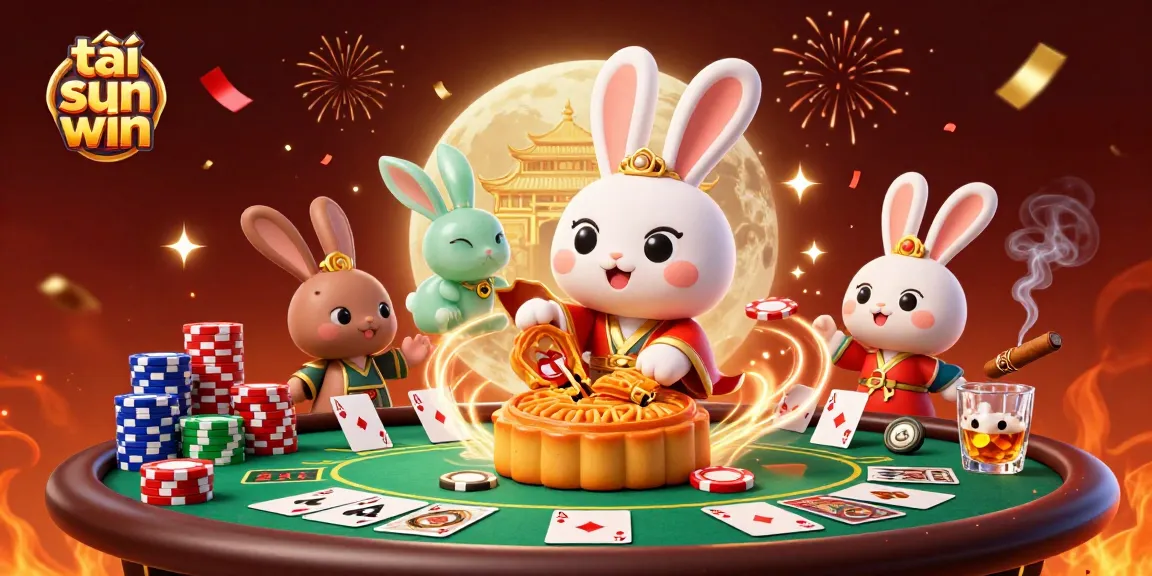 Engage in thrilling poker action with tải sun win illustrated scene featuring moon rabbits and festive casino elements.