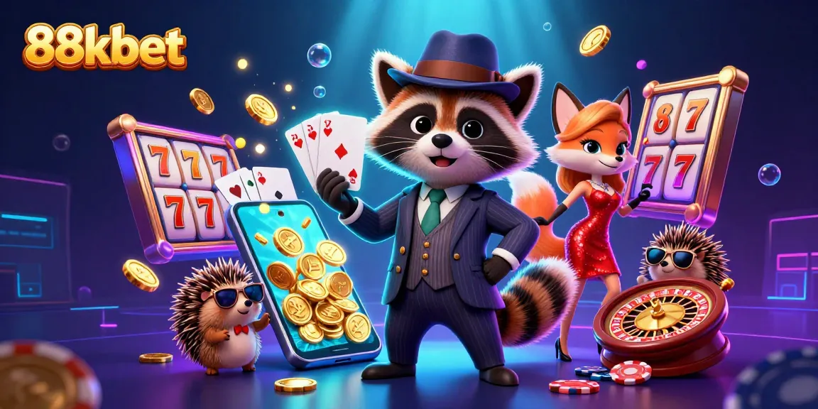 Experience the excitement of 88kbet with the suave raccoon, fox, and hedgehog in this vibrant casino scene.